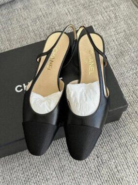 CHANEL Black Leather Slingback Flats – With Original Box